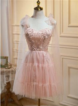 Picture of Pink Tulle Lace and Flowers Short Homecoming Dresses, Cute Pink Party Dresses